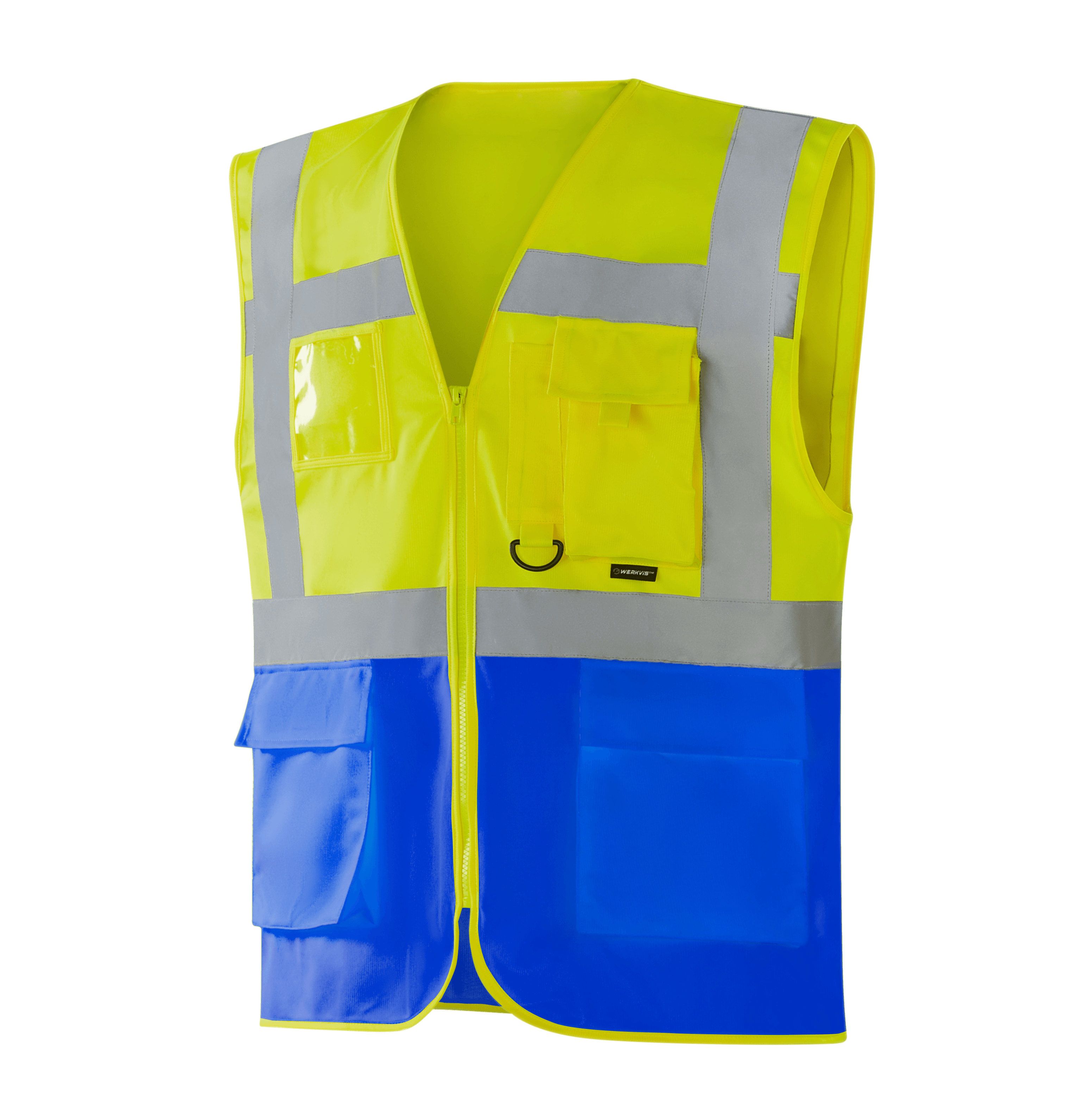 WV204 MALLORCA hi-vis yellow-blue vest with pockets, pen holder, D-ring, transparent ID pocket, large lower flap pockets